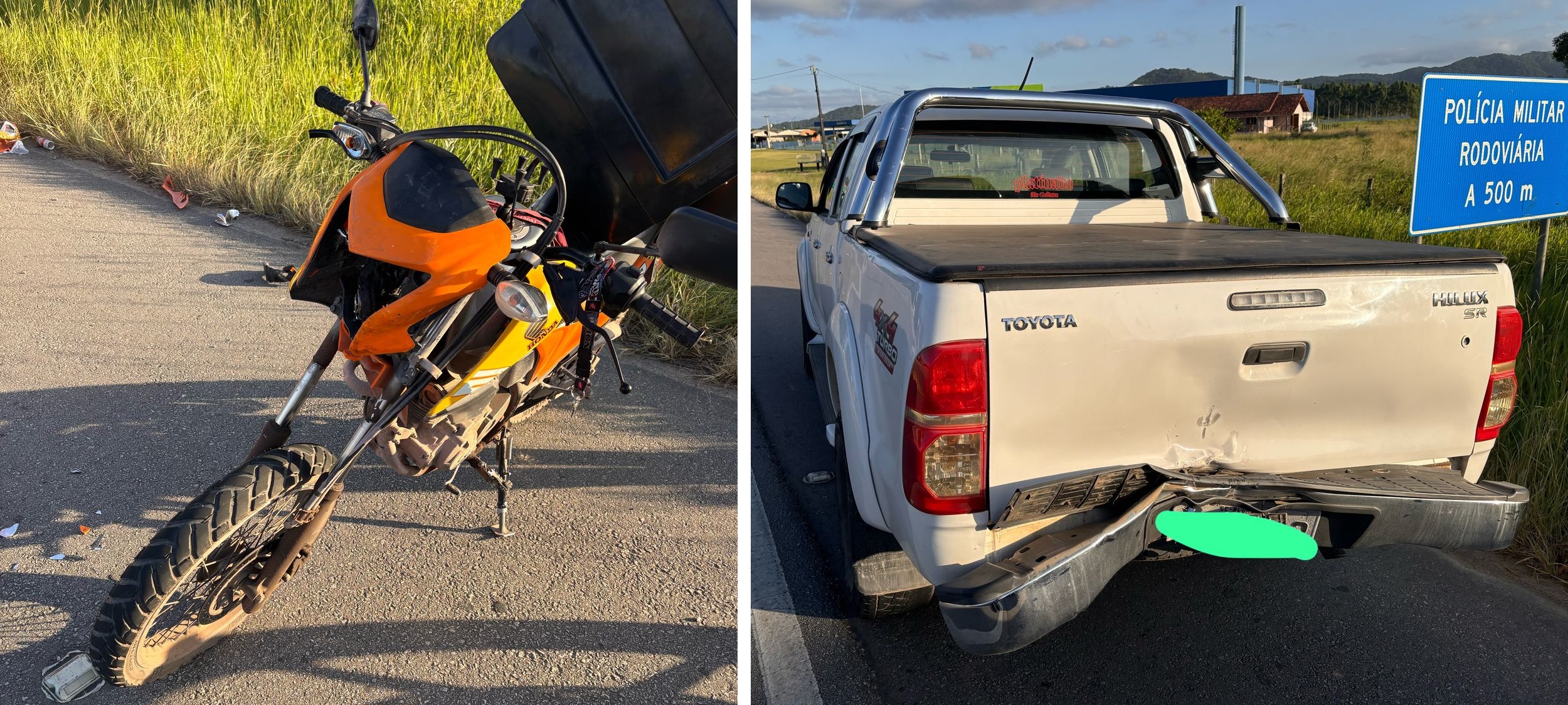 Colisão entre moto e picape, sem vítimas é registrado na Rod. Jorge Lacerda no Poço Grande