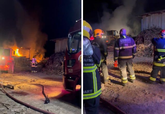 Bombeiros de Ilhota, Navegantes e Gaspar apagam fogo em serraria no bairro Pedra de Amolar em Ilhota