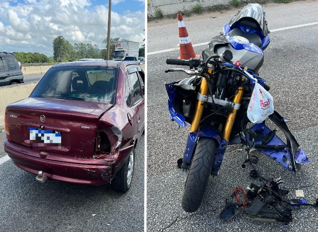 Bombeiros de Ilhota atendem colisão traseira  entre moto e carro na BR 101 em Itajaí