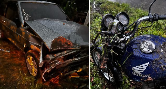 Bombeiros de Ilhota atendem acidente entre moto e carro, sem feridos no bairro Barra de Luiz Alves