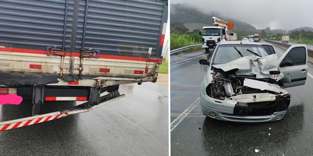 Colisão entre carro e caminhão deixa condutor de automóvel com ferimentos leves na BR 470 no Belchior Baixo