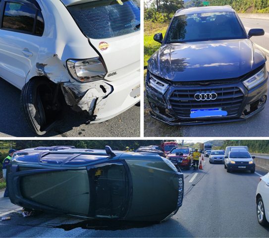 Colisão entre três veículos, deixa um carro capotado na BR 470, no Belchior Baixo