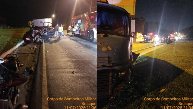 Acidente entre caminhão, carro e moto deixa três feridos no bairro Bateas em Brusque