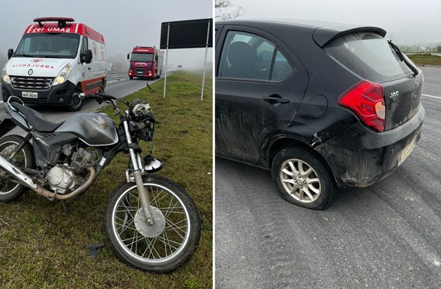 Colisão entre carro e moto deixa dois feridos leves na BR 470, no Baú Baixo, em Ilhota